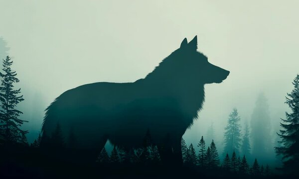 Double exposure of a wolf silhouette and a foggy forest creating an artistic image