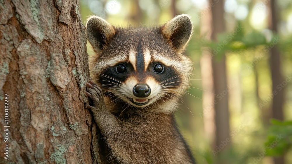 Poster a playful raccoon smiling while perched on a tree in a forest setting.