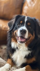 Bernese mountain dog portrait cozy living room photo