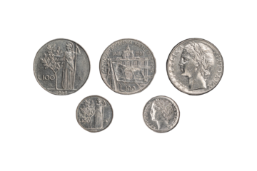 esemplari fronte e retro di alcune vecchie monete da cento lire italiane, scontornata su sfondo trasparente