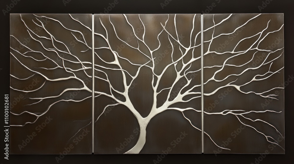 Poster a modern triptych featuring a stylized tree design with intricate branches on a dark background.