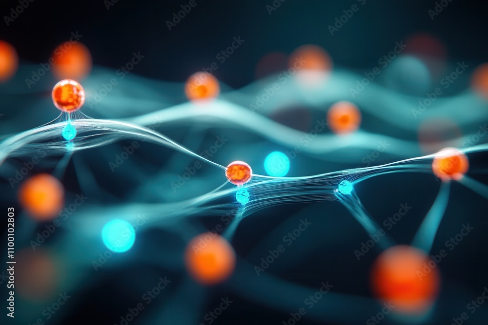 Poster An abstract representation of interconnected particles, showcasing vibrant colors and flowing lines, symbolizing molecular structures and scientific concepts.