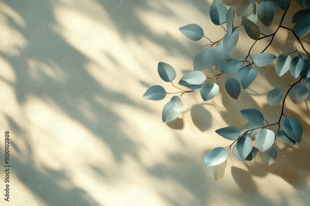 Poster a branch with leaves casting shadows on a textured wall, creating a serene atmosphere.