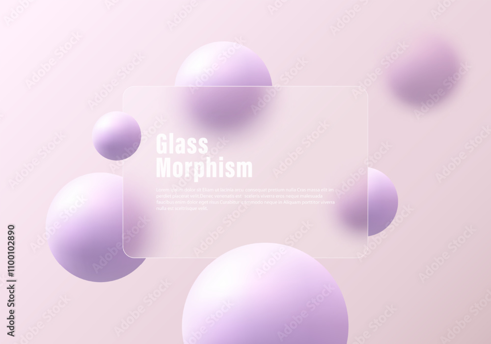 Aufkleber glass morphism website landing page template. frosted glass partition with floating spheres.