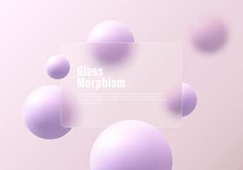 Glass morphism website landing page template. Frosted glass partition with floating spheres.