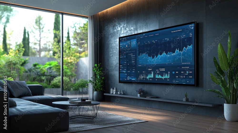 Poster modern living room with a large screen displaying data analytics and a garden view.