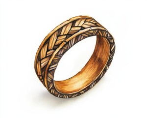 Artistic wooden ring with intricate braided design, white isolate background