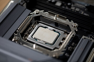 Fototapeta premium Detailed closeup view of the CPU Socket located on a highperformance Motherboard
