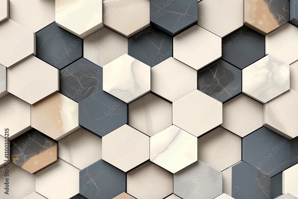 Poster perfectly aligned hexagons in muted shades of gray and beige with soft shadows