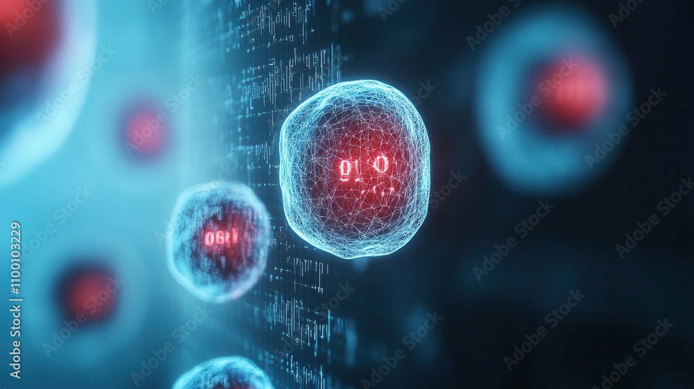 Poster A futuristic depiction of digital cells with glowing red cores against a dark background, symbolizing advanced technology and data.