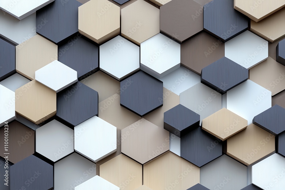 Poster perfectly aligned hexagons in muted shades of gray and beige with soft shadows