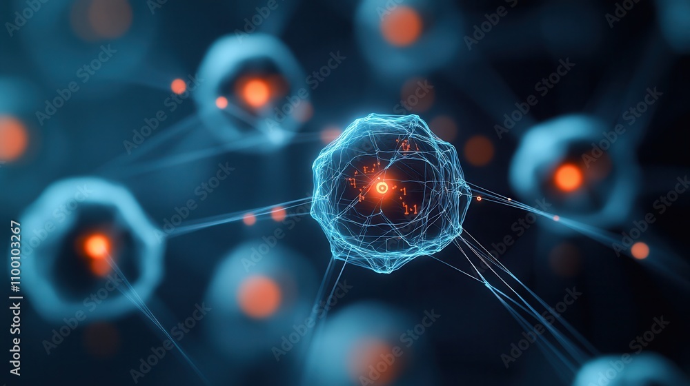 Aufkleber A close-up view of stylized cells, showcasing a network of interconnected elements with glowing centers against a dark blue background.