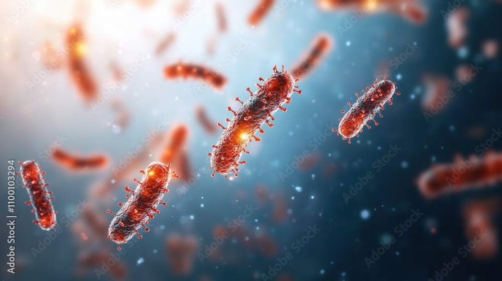 Poster a vivid depiction of colorful bacteria floating in a translucent environment, showcasing the microsc