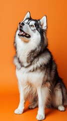 Obraz premium Majestic malamute portrait studio pet photography orange background close-up canine beauty
