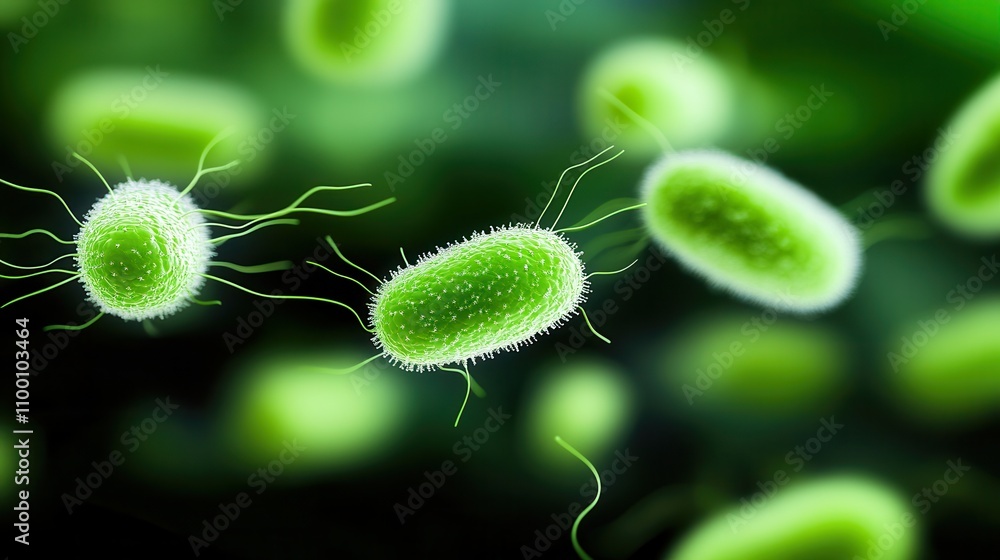 Aufkleber the image depicts vibrant green bacteria with elongated shapes, showcasing their microscopic structu