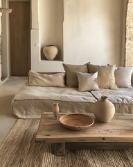 Minimalist interior design of modern living room, beige and white tones