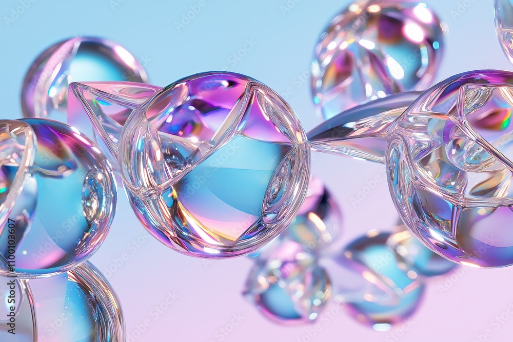 Poster Overlapping transparent spheres creating abstract reflections in soft shades.