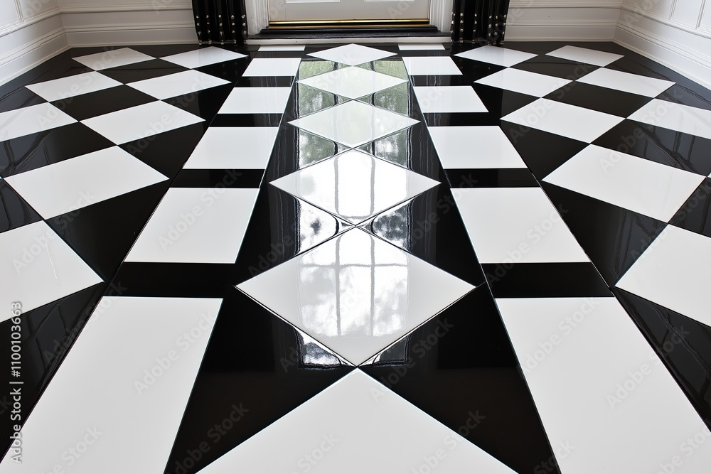Poster checkerboard tiles in matte black and white with subtle, clean textures