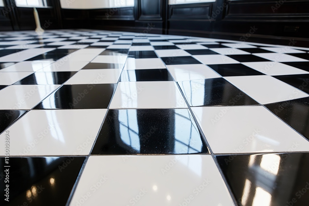 Poster checkerboard tiles in matte black and white with subtle, clean textures