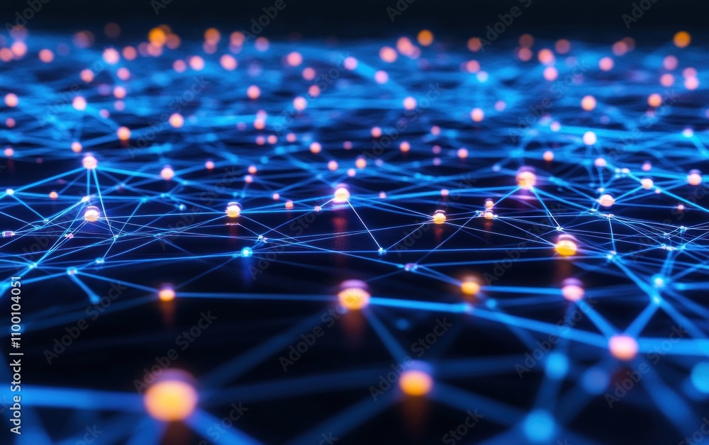 Poster abstract network connection, glowing nodes and lines, digital technology background.
