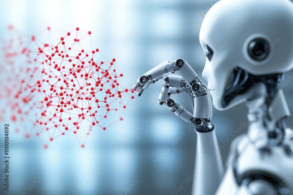 Aufkleber A futuristic robot interacts with floating red particles, symbolizing technology and innovation in a digital environment.