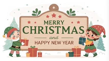 Fototapeta premium Merry Christmas and Happy New Year Elf Greeting Illustration