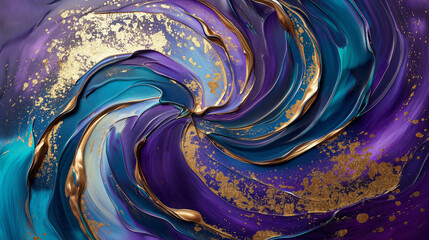 4K abstract art piece, dynamic swirling, shades of purple, blue, and gold. Textured accents, flowing motion. Background, digital ressource