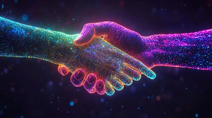 Digital Hands Form A Vibrant Illuminated Handshake