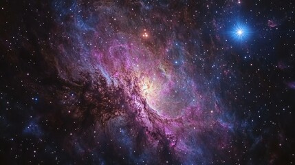 Obraz premium A vibrant cosmic scene showcasing a nebula with swirling colors and stars.