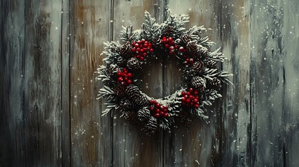 13. A wreath adorned with red berries and pinecones hanging on a rustic wooden door dusted with snow