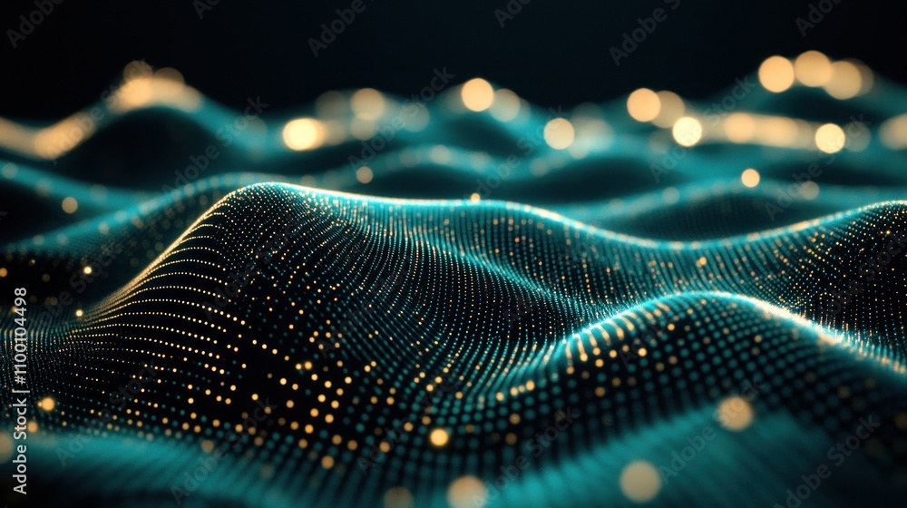 Aufkleber abstract representation of digital waves with glowing particles in a dark background.