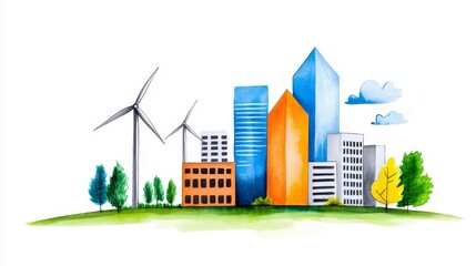 Fototapeta premium Symbolizing renewable energy and sustainable urban development are wind turbines and green cityscapes.