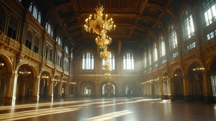 Obraz premium A grand, illuminated hall featuring ornate architecture and a large chandelier.