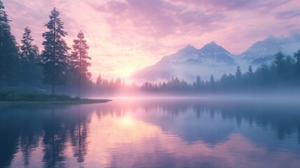 Serene Sunset Over Misty Lake And Mountain Range