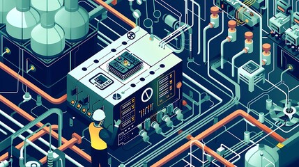 A detailed industrial scene featuring a control panel surrounded by pipes and machinery, illustrating a complex system.