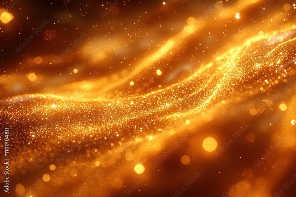 Poster a shimmering wave of golden light and particles creating a magical, ethereal atmosphere.