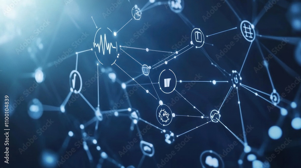 Poster abstract network graphic showing interconnected icons representing data, technology, and communicati