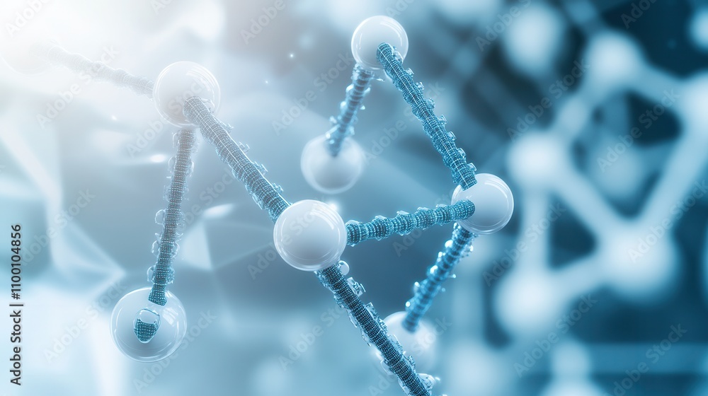 Poster A close-up of a molecular structure featuring interconnected atoms, highlighting the intricacies of molecular biology in a blue and white abstract background.