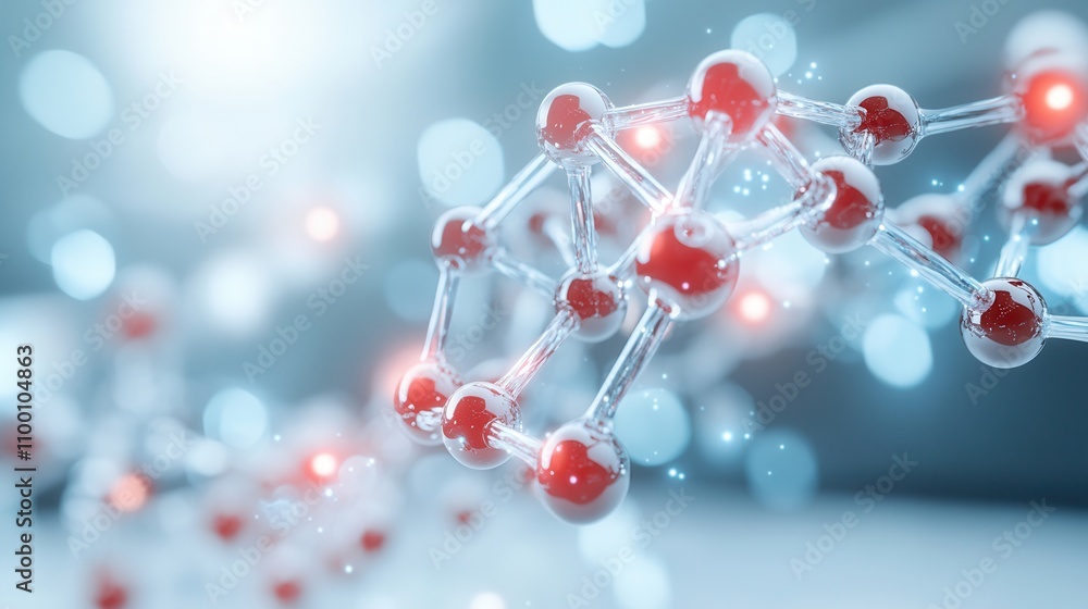 Poster A close-up view of a molecular structure featuring red and transparent spheres, set against a blurred blue background, illustrating scientific concepts.