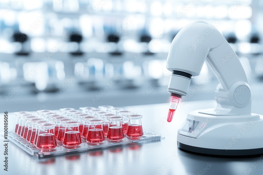 Poster a laboratory setting featuring a pipette and a plate of red liquid samples, emphasizing scientific r