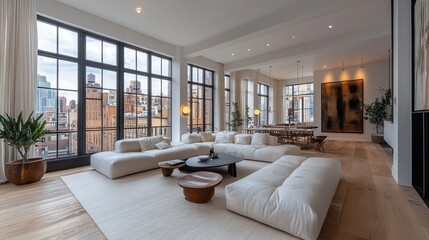 Modern living room with large windows, minimalist furniture, and a spacious layout.