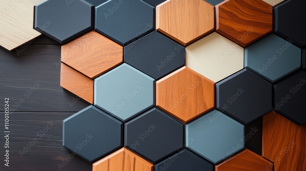 Poster a collection of hexagonal tiles in various colors and textures arranged aesthetically.