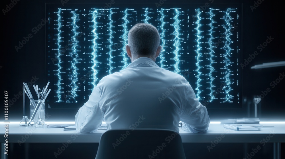 Aufkleber A scientist observes a digital screen displaying intricate wave patterns, highlighting a focus on research and technology in a darkened lab environment.