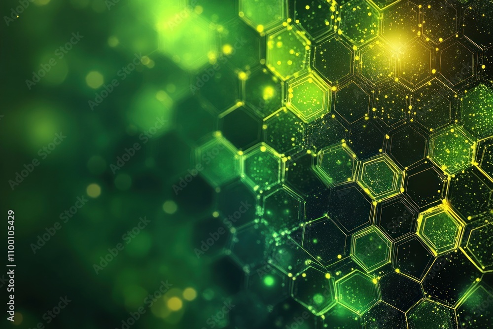 Poster abstract green hexagonal pattern with glowing elements, suggesting a digital or natural theme.