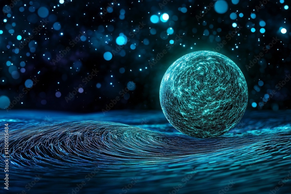 Poster A 3D rendering of a glowing futuristic orb surrounded by dynamic energy waves, symbolizing power and awe