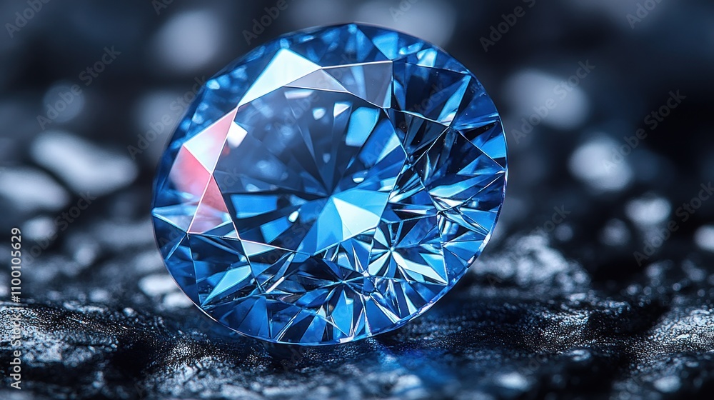 Poster a close-up view of a sparkling blue diamond on a textured surface.