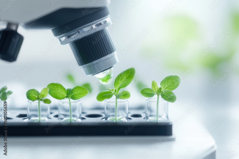 Poster a microscope focuses on young green plants in a laboratory, highlighting the intersection of science