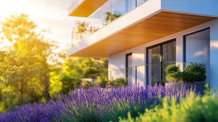 A modern building with a balcony surrounded by vibrant lavender plants in a sunny setting.