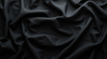 Fototapeta premium An abstract background featuring dark, black fabric with visible, intricate stitching patterns. The fabric’s folds and seams create a textured, layered effect.
