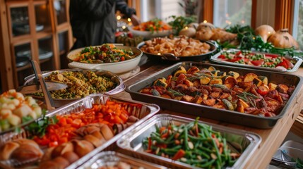 Fototapeta premium A vibrant spread of diverse dishes on display, showcasing colorful vegetables and cooked meals on a festive table.